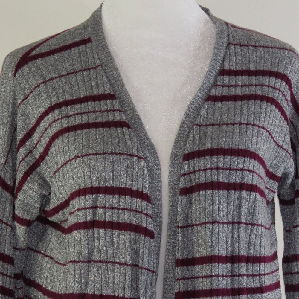 Mudd Women's Gray & Maroon Striped Long-Sleeve Open Cardigan Size M (C1308)